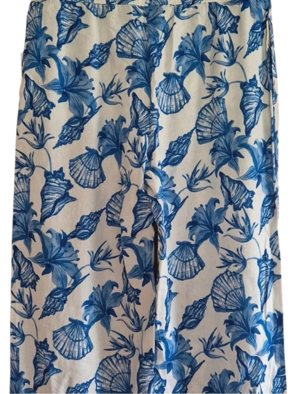 KATHERINE BARCLAY Blue Shell-Print Linen Blend Relaxed Fit Pants—Multi Sizes NWT